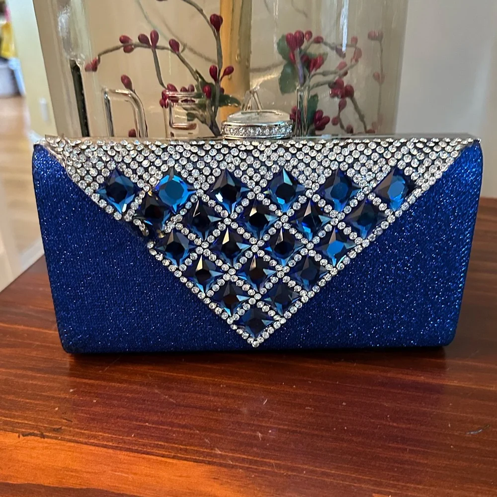 Elegant Blue Clutch with Rhinestone Accents and Chain Shoulder Strap DAMAGED
